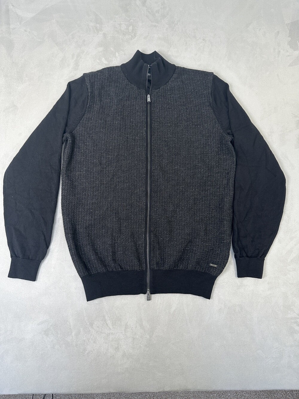 BOSS Hugo Boss Emondo Full Zip Cardigan Men L Black Charcoal 100% Virgin Wool